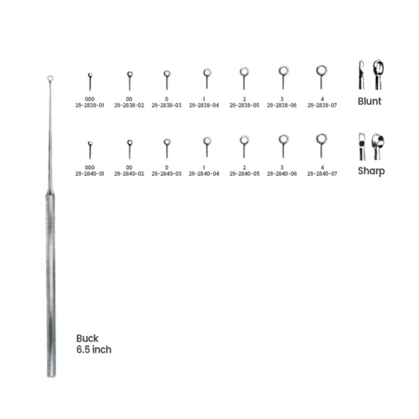 29-2838-01 Buck Ear Curettes – Straight, Blunt & Sharp Tips – 6.5inch Buck Ear Curettes – Straight, Blunt & Sharp Tips – 6.5inch